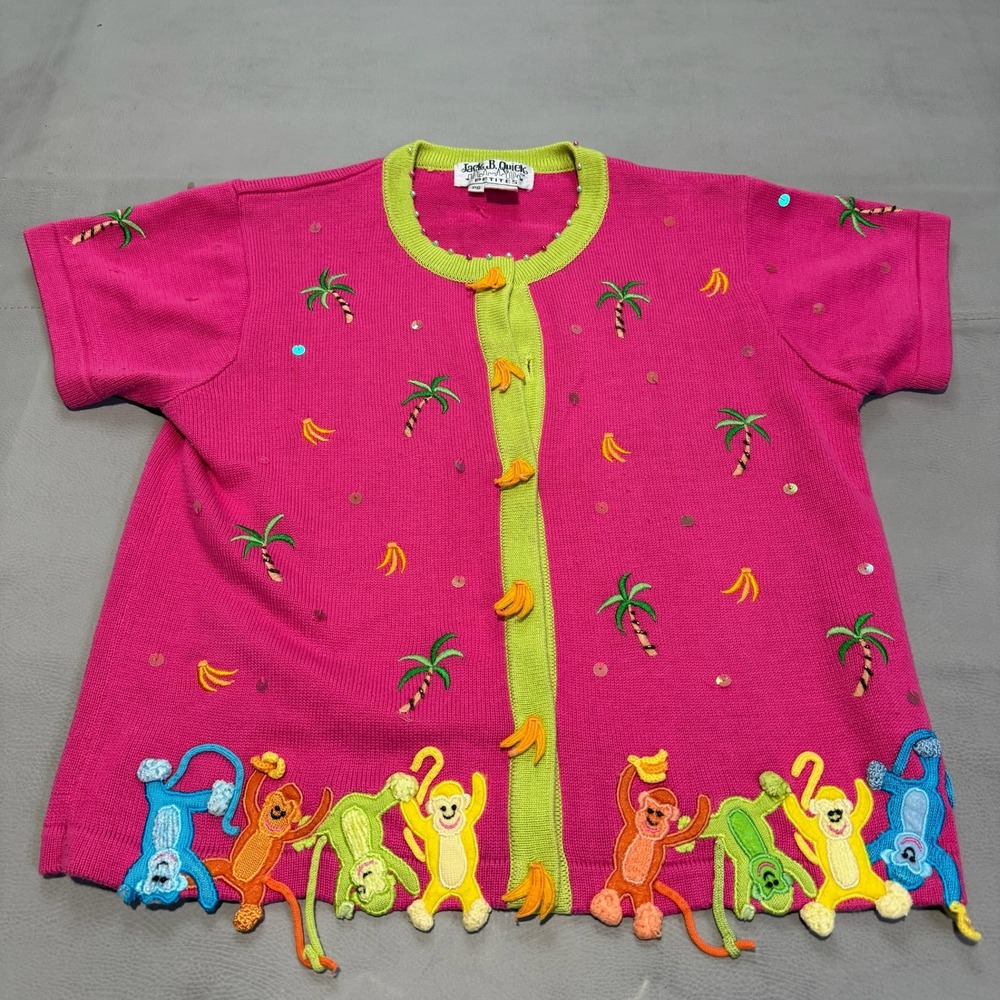 VTG 90s Petites Pink Monkey Palm Tree Banana Sequin Cute Cardigan Sweater PS7122